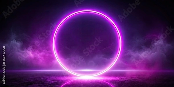 Fototapeta Abstract digital art: a purple neon circle glows, haloed in light, against a dark charcoal backdrop.