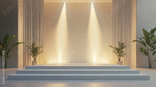 Fototapeta Background view of an event stage with bright lighting and minimal decor.