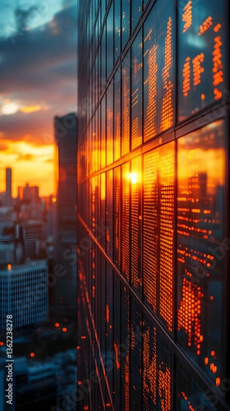 Obraz Cityscape reflected in glass facade during sunset; financials displayed