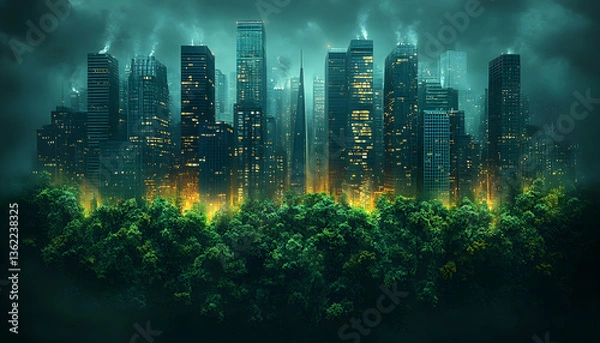 Obraz Cityscape rises above lush forest in dreamy, surreal juxtaposition