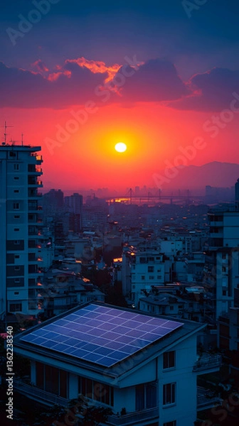 Obraz Cityscape under a colorful sunset, with solar panels on a rooftop