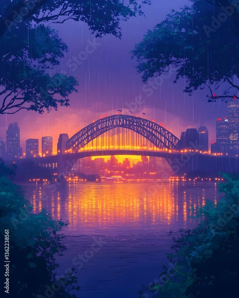 Obraz Cityscape with an arched bridge illuminated during dawn framed by branches