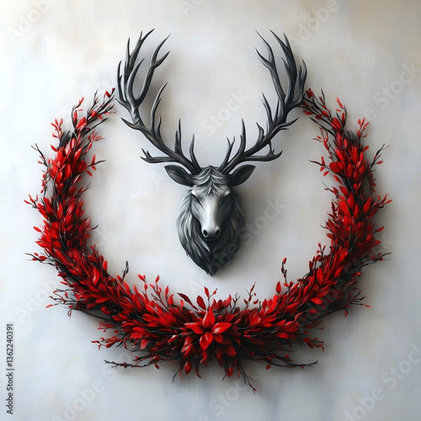 Fototapeta A striking wall-mounted black-and-white deer head with large, intricately detailed antlers is framed by a vibrant wreath of red leaves. 