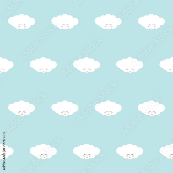 Fototapeta Fluffy White Cute Kawaii Cloud Character Floating in Sky. Positive Lovely Child Friendly Textile Nappy Print. Childish Seamless Pattern Background Design. Smiling Face Cloud Bubble Symbol Element Art