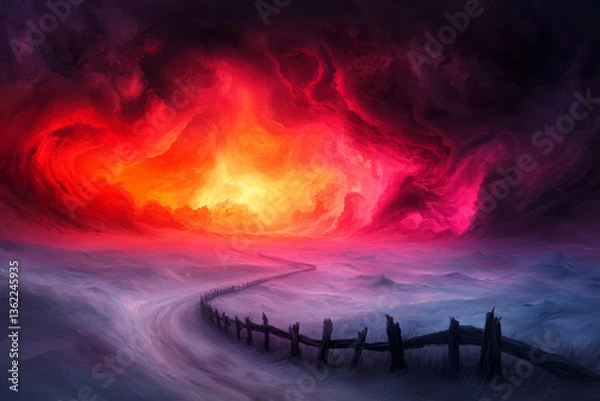 Fototapeta A dreamlike image featuring an ancient, weathered fence stretching infinitely toward the horizon