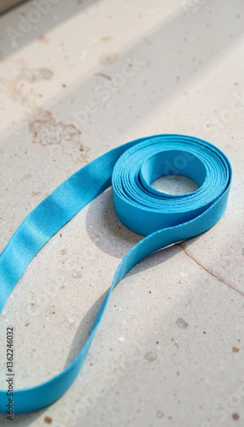 Fototapeta Blue ribbon laying on a surface with sunlight creating shadows  