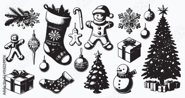 Fototapeta Festive holiday elements set in a monochrome illustration showcasing a variety of Christmas icons, gift boxes, and tree decorations against a minimalistic aesthetic