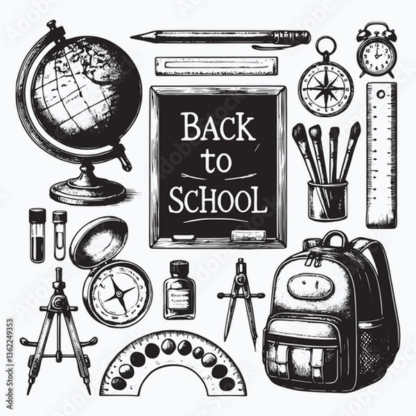 Fototapeta Back to school illustration with a chalkboard, globe and backpack, vintage graphic design elements isolated on a white background
