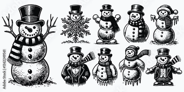 Fototapeta Collection of adorable snowmen illustrations in various styles, showcasing winter and holiday cheer, crafted in classic black and white for a timeless appeal 