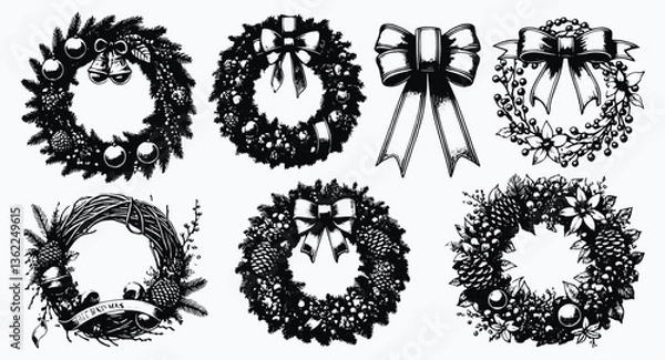 Fototapeta Collection of decorative Christmas wreaths illustrated in monochrome style, adorned with festive bows, bells and ornaments for holiday decor