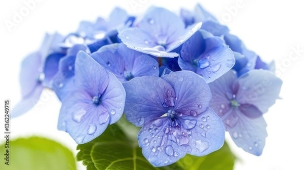 Fototapeta Close-up of vibrant blue hydrangea flowers with water droplets, showcasing nature's beauty and freshness