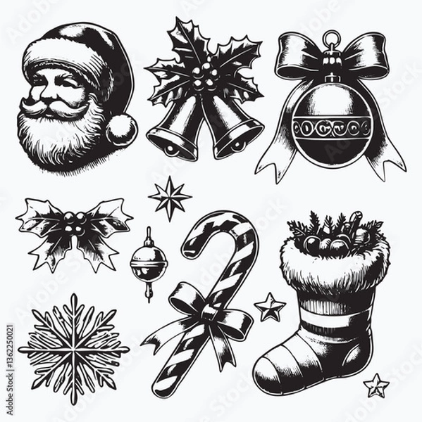 Fototapeta Set of Hand-Drawn Christmas elements including Santa Claus, bells, ornaments, and other festive decorations creating a vintage atmosphere