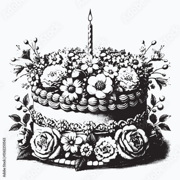 Fototapeta Vintage-styled birthday cake topped with flowers and a single lit candle, classic and elegant with an artistic touch
