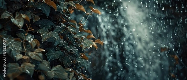 Fototapeta Lush Green Ivy Leaves in the Rain with a Waterfall in the Background Creating a Tranquil Atmosphere