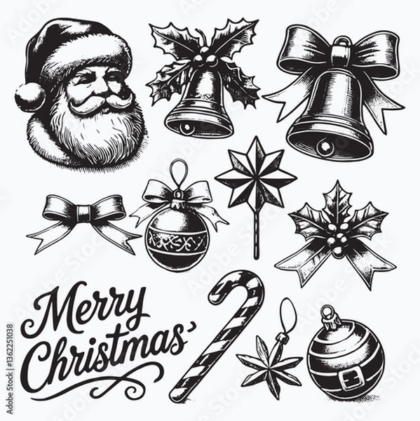 Fototapeta Vintage Christmas illustrations, featuring Santa Claus, bells, ornaments, candy cane, and Merry Christmas text in a festive style, creating a cheerful, joyful mood for the holiday season.