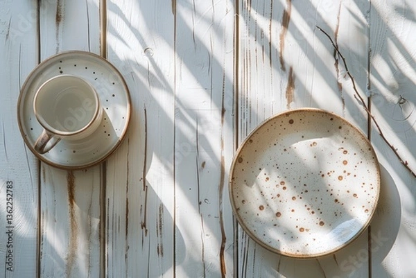 Fototapeta Minimalist table setting featuring a rustic cup and plate on a wooden surface with shadows