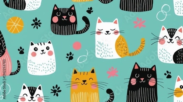 Fototapeta Playful Cat Patterns with Cute Cartoon Felines on Bright Background