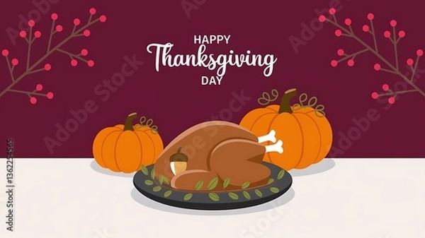 Obraz Festive Thanksgiving scene with a roasted turkey adorned with an acorn surrounded by green leaves two pumpkins and 'Happy Thanksgiving Day' text on a maroon background with red berries in the corner