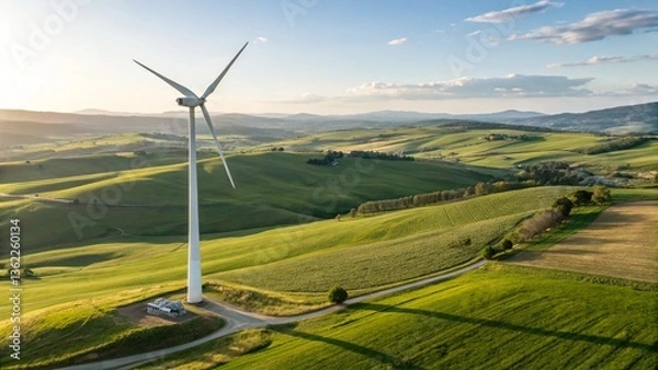 Fototapeta Wind turbine on hills, highlighting the energy and environment theme.
