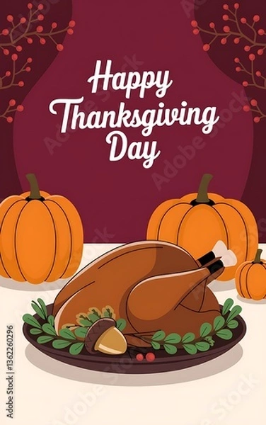 Fototapeta Festive Thanksgiving scene with a roasted turkey adorned with an acorn surrounded by green leaves two pumpkins and 'Happy Thanksgiving Day' text on a maroon background with red berries in the corner