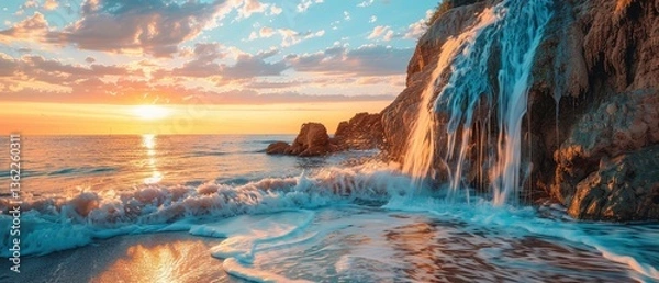 Fototapeta Serene sunset over a rocky coastline with cascading waterfall and gentle ocean waves, peaceful atmosphere