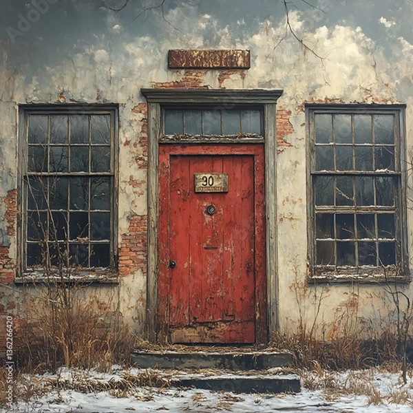 Fototapeta A weathered, abandoned building with a bold red door at its center, framed by two large, multi-pane windows on either side. The structure's facade shows extensive signs of decay.