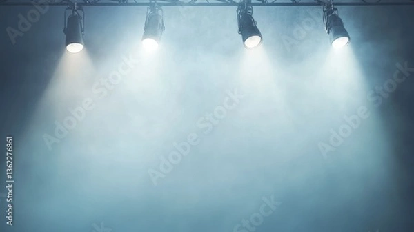 Obraz light blue background with four hanging spotlights， empty space for text or product display.