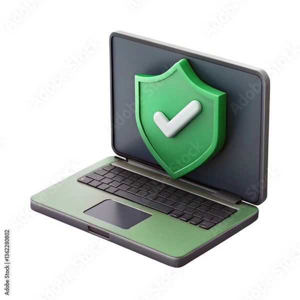Fototapeta 3D Computer laptop with security shield. Cyber privacy concept. Safety and protection. Personal data security. Green check mark. Cartoon creative design icon isolated on white background. 3D Rendering