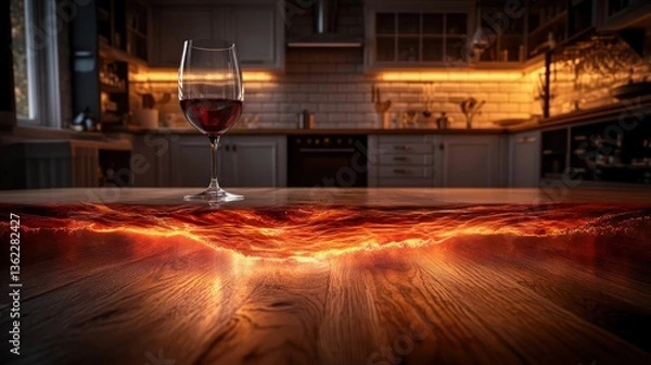 Fototapeta Glass of red wine on a unique wooden table with fiery resin inlay, kitchen background