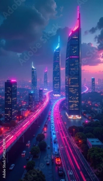 Fototapeta A futuristic cityscape with sleek skyscrapers and neon lights , technology, architecture, urban