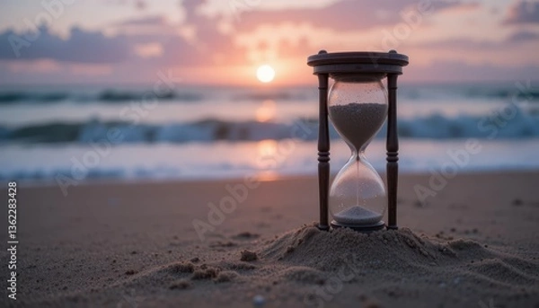 Obraz Sunset Hourglass on Beach: Time's Passage at the Shore