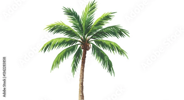 Fototapeta A vibrant watercolor painting depicts a single, tall palm tree against a transparent or white background, showcasing its lush green fronds and brown trunk.