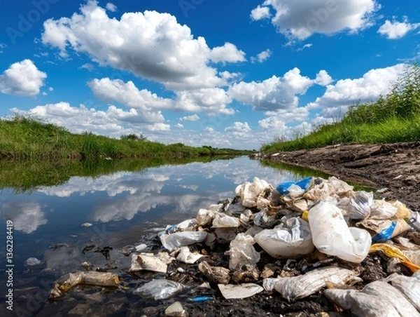 Fototapeta A polluted riverbank littered with plastic waste under a bright blue sky with fluffy clouds, reflecting the need for environmental awareness and action.