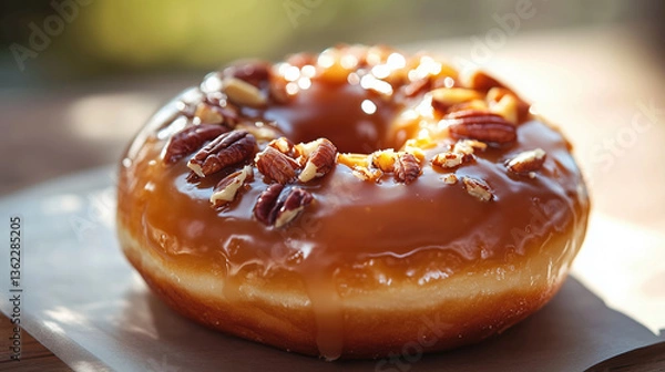 Obraz Caramel Glazed Donut with Pecans on Parchment