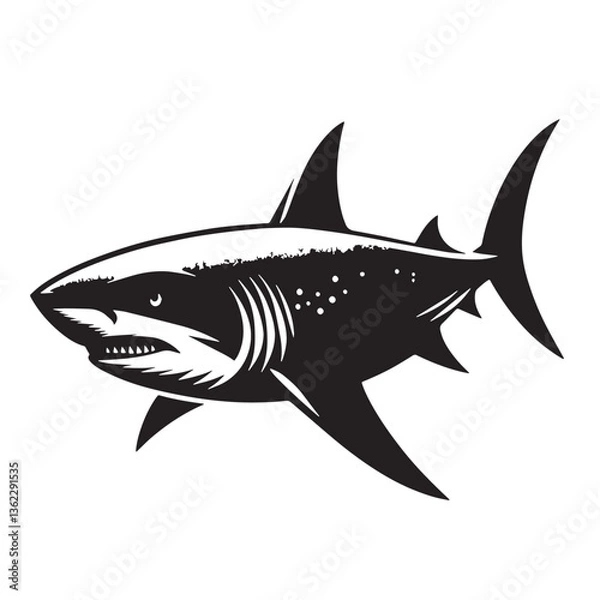 Obraz Black Color Shark Silhouette Vector Illustration, Solid White Background