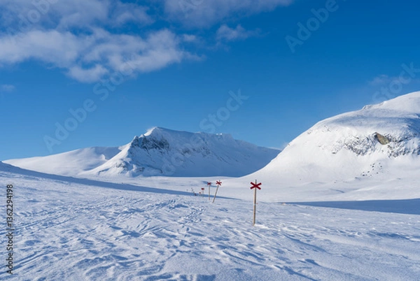 Fototapeta Marked trail for cross-country skiing toward mountain Templet, in the Sylarna mountain range. Sweden.