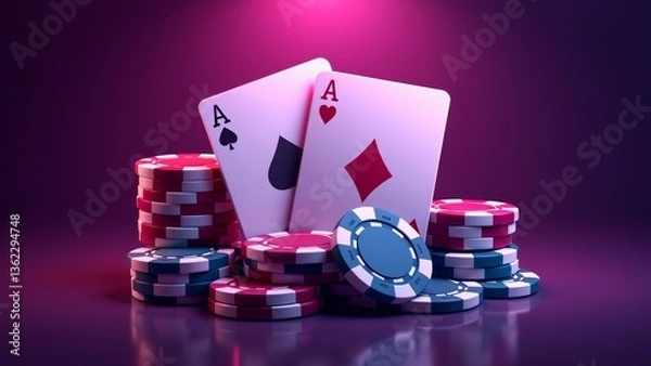 Fototapeta Aces Pair With Poker Chips Stack