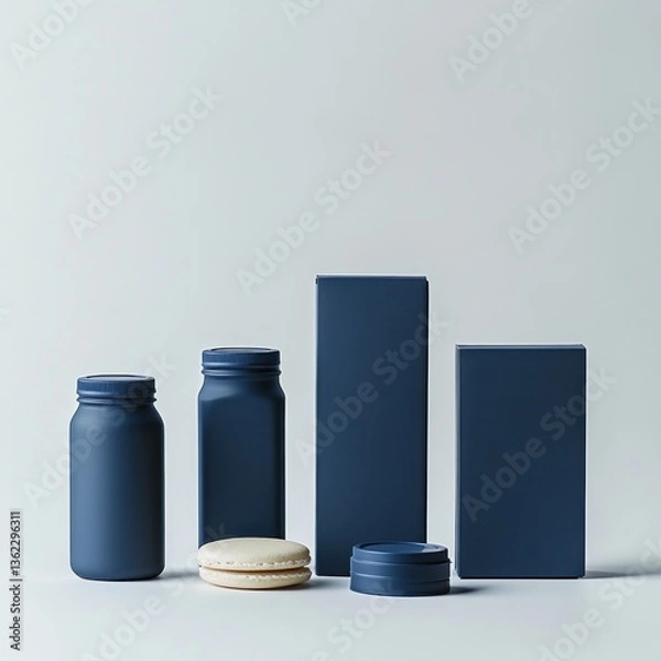 Fototapeta Monochromatic Blue Still Life Featuring Jars, Boxes and a Macaron