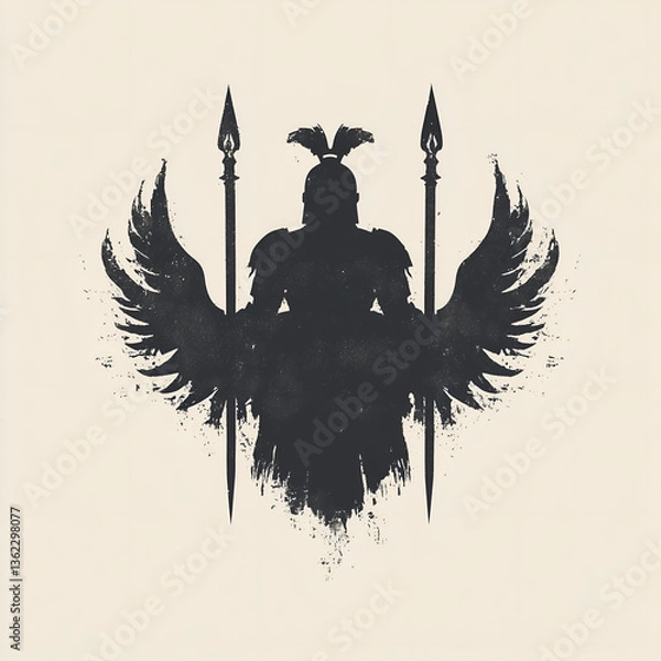 Fototapeta A bold, black ink-style silhouette of a winged warrior clad in armor, holding two spears, one in each hand.