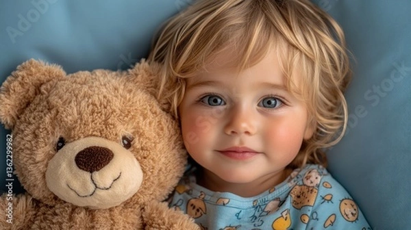 Fototapeta A blond toddler snuggles a brown teddy bear. Warm, soft, serene, with a blanket