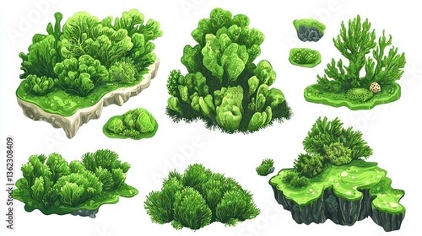 Fototapeta Set of Green Aquatic Moss with Coral Reefs, Isolated White Background