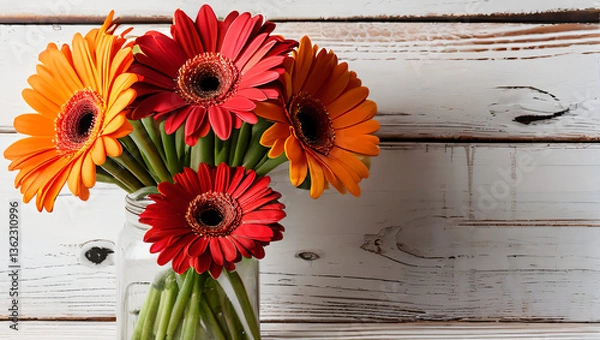Fototapeta "Bright and cheerful gerbera daisies on rustic wood create a fresh, natural look—perfect for seasonal designs, invitations, and floral-themed projects."