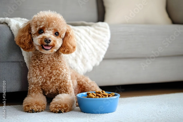 Obraz Cute Toy Poodle dog with bowl of food near sofa in living room