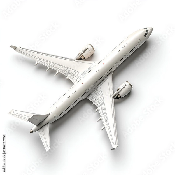 Fototapeta Isolated on a white background detailed illustration of a modern commercial jet airplane viewed from a top-down perspective. 