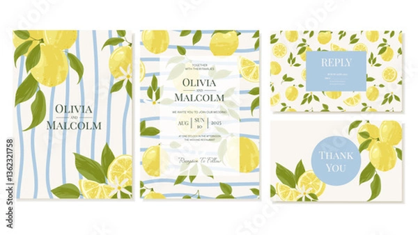 Fototapeta Summer Wedding Invitation Templates. Drawing of Lemons, frame, striped wave, wreath. Vector