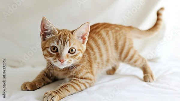 Fototapeta A kitten with a white face and orange fur is playing on a white surface