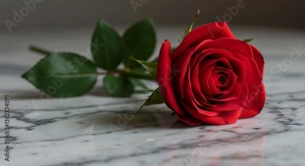 Fototapeta 深紅のバラ、優しく光る大理石の上で輝く