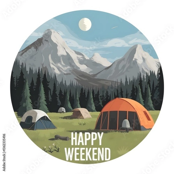 Fototapeta Digital matte painting with a camping in a circle. With the inscription "Happy weekend".