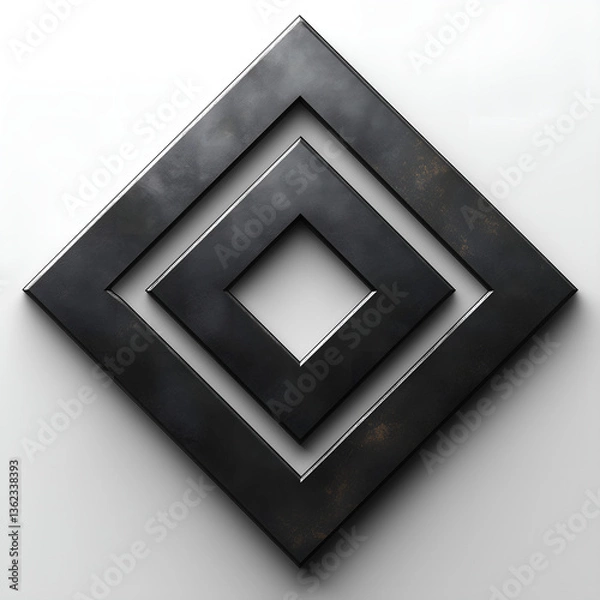 Fototapeta A modern, minimalist metallic sculpture composed of three nested diamond shapes, each progressively smaller and centered within the other. Set against a clean, gradient white-gray background.
