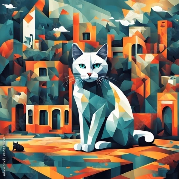 Fototapeta Digital bright matte painting with a cat in cubism style.